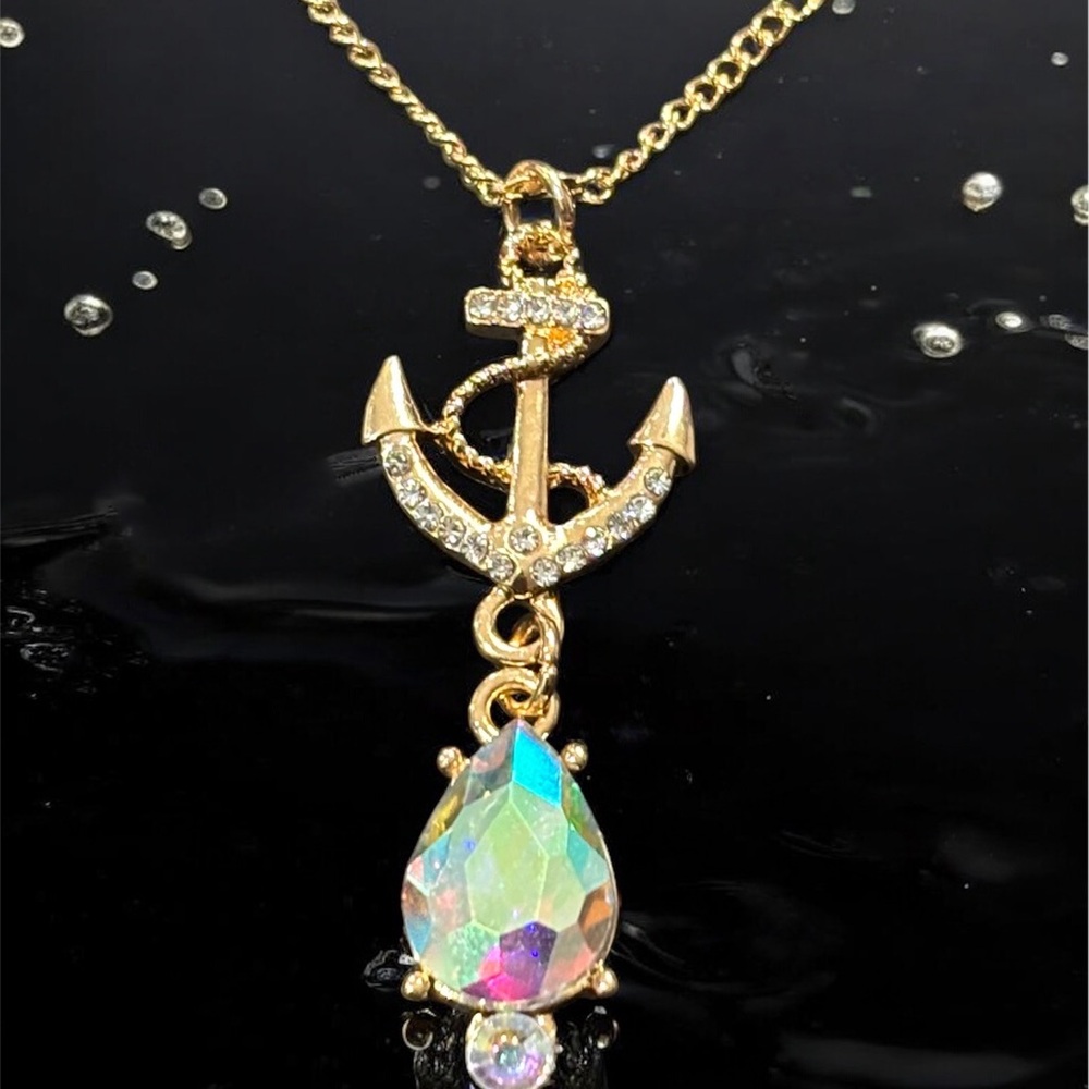 Striking Gold Anchor Pendant Necklace With Multicolored Crystal Accents. NWT